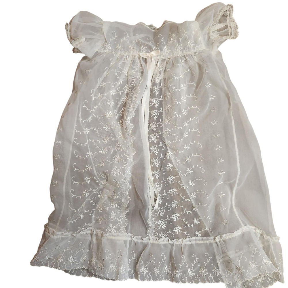 Vintage Sheer White Embroidered Baby Gown Christening Robe Floral Organza